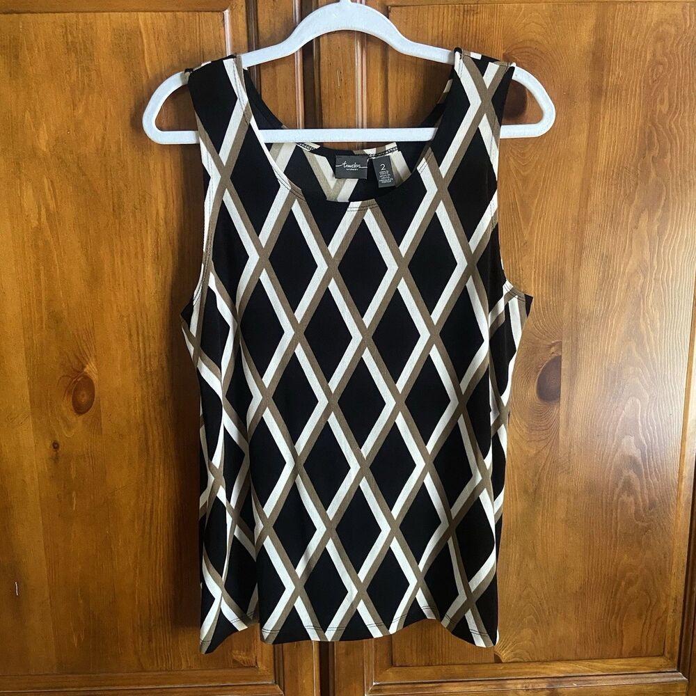 Chico’s Travelers Liquid Knit Tank Top Sz L Geometric Diamond Black/White/Tan
